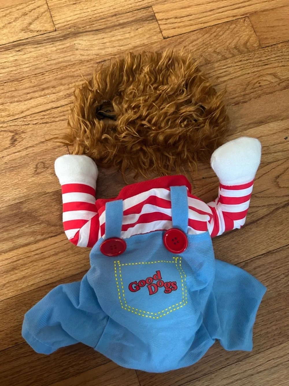 Chuckie Striped Red & White Dog Costume in Blue Overalls and Wig